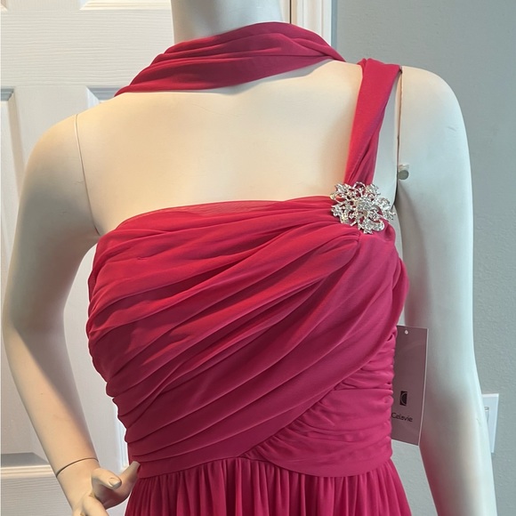 NWT Long Fushia Pink One Shoulder Brooch Lined Dress XL - Picture 2 of 10